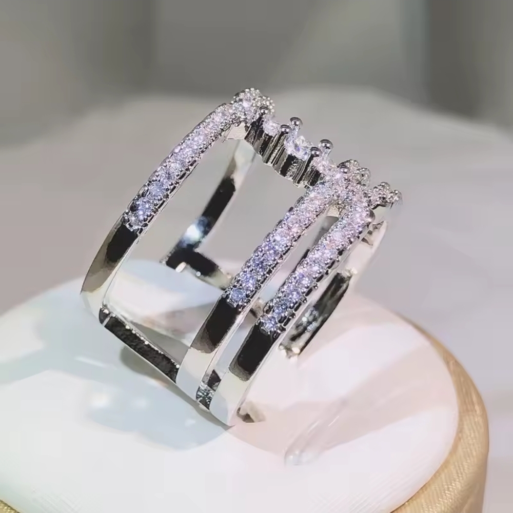 Silver Crystal Triple-Row Openwork Ring - Picture 5 of 7